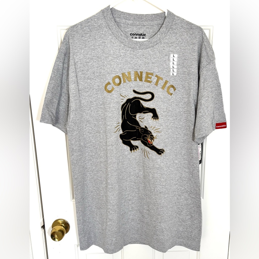 Gray Men's T-Shirt, Metallic Gold lettering with a Black Stalking Panther design